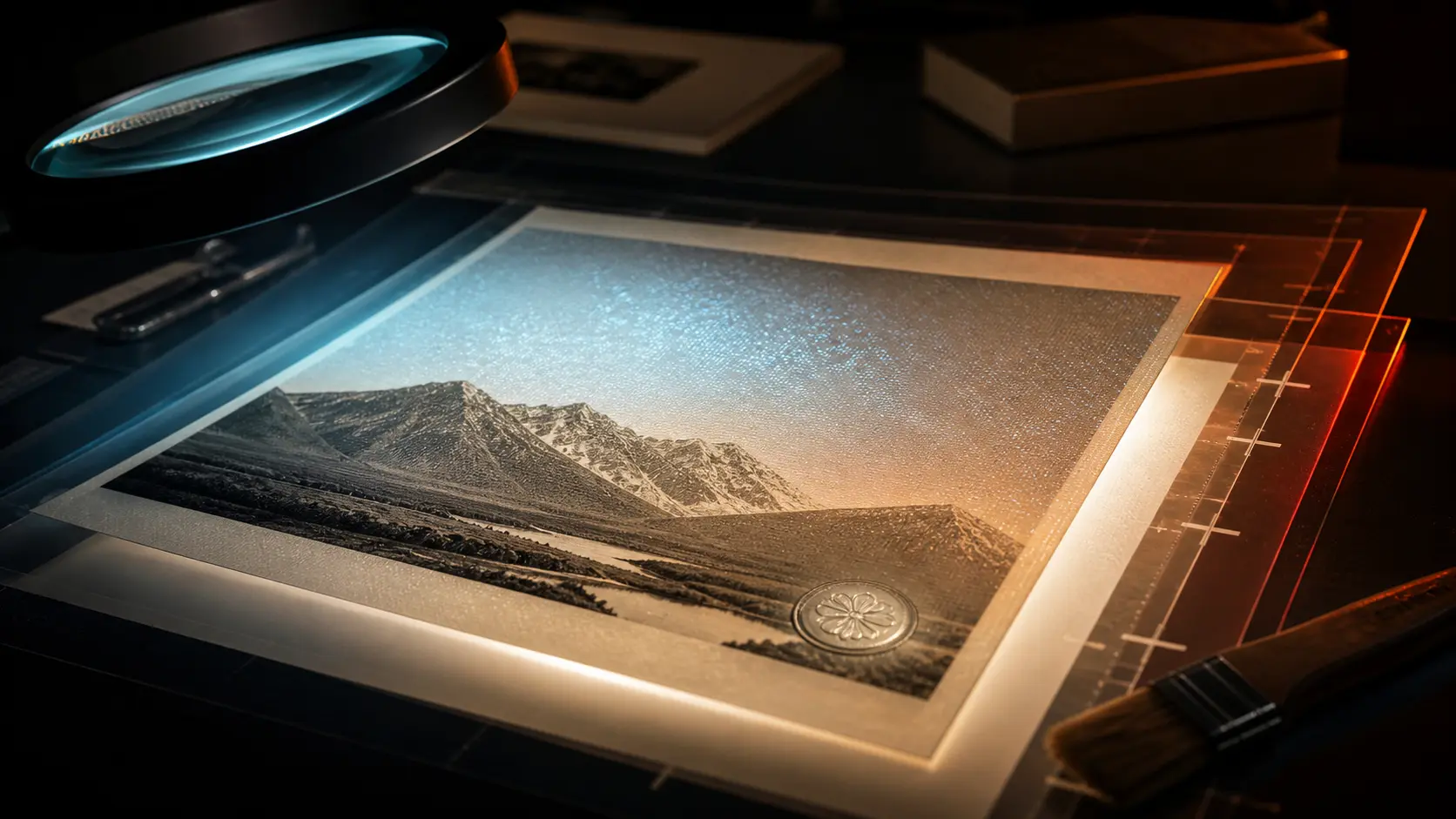 A photographic print revealing an embedded provenance pattern under forensic light